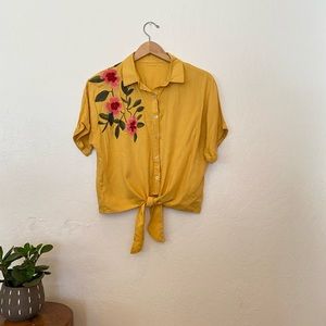 Short sleeve button up floral embroidered blouse